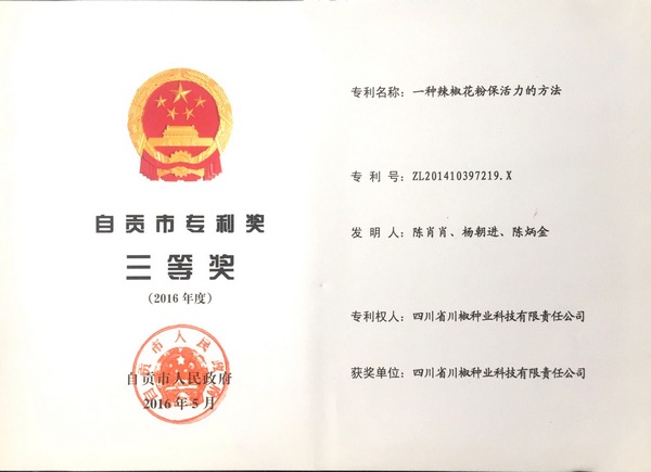 2016年自贡市专利三等奖