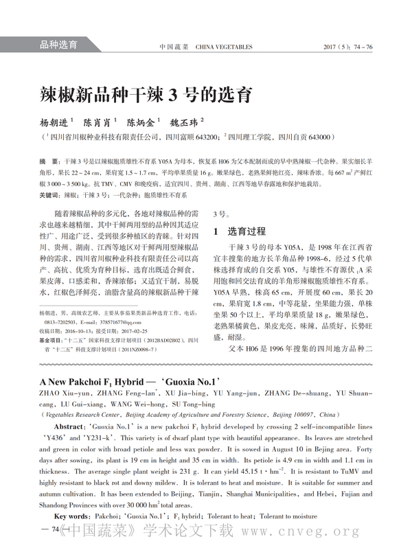 辣椒新品种干辣3号的选育