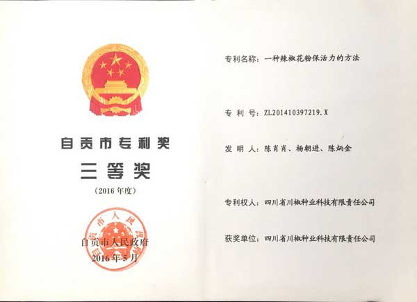 2016年自贡市专利三等奖